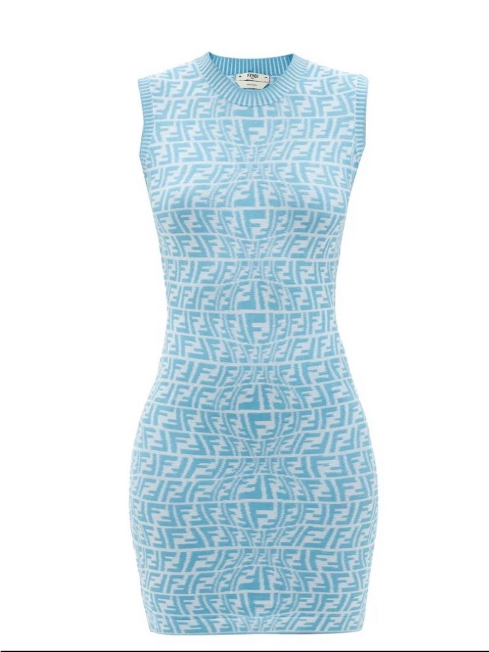 Fendi Baby Blue & White Sleeveless FF Logo Knit Mini Dress - w/ COA